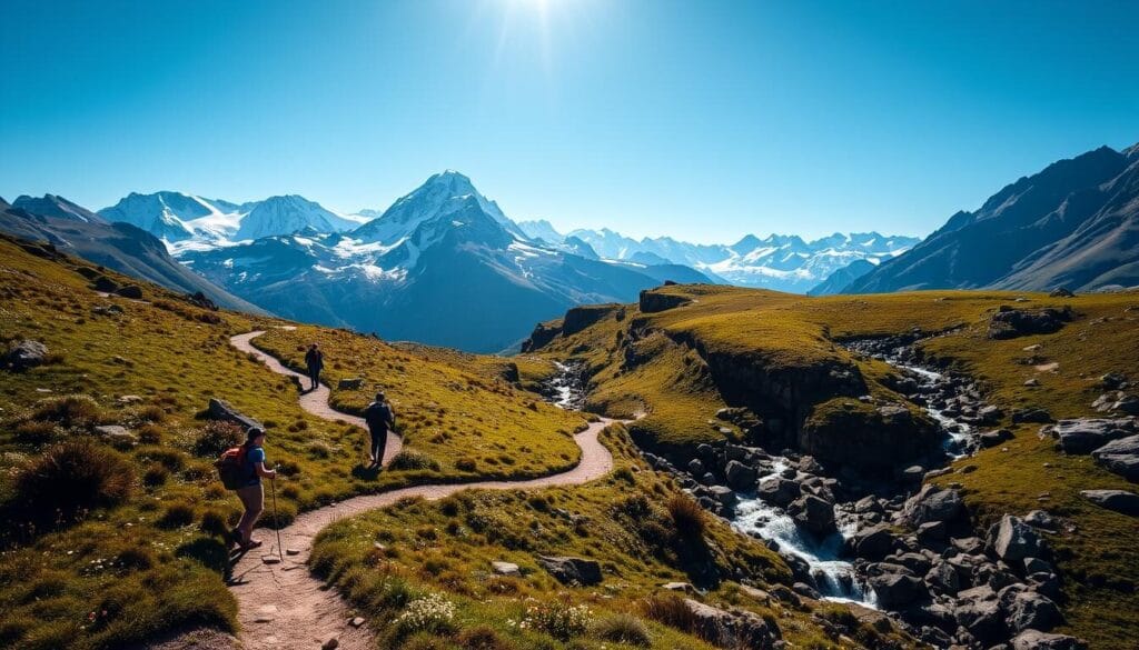 A breathtaking alpine landscape in France, with majestic snow-capped peaks rising majestically against a clear, azure sky. Lush, verdant meadows dotted with wildflowers lead the eye towards a winding, well-trodden hiking trail, meandering through rugged terrain and offering panoramic vistas of the surrounding mountains. Streams and cascading waterfalls glisten in the warm, golden sunlight, casting a serene, tranquil atmosphere. Hikers traverse the path, their silhouettes providing a sense of scale and adventure. Crisp, clean shadows and subtle, natural lighting create depth and dimensionality, inviting the viewer to embark on an exhilarating alpine journey. A breathtaking alpine landscape in France, with majestic snow-capped peaks rising majestically against a clear, azure sky. Lush, verdant meadows dotted with wildflowers lead the eye towards a winding, well-trodden hiking trail, meandering through rugged terrain and offering panoramic vistas of the surrounding mountains. Streams and cascading waterfalls glisten in the warm, golden sunlight, casting a serene, tranquil atmosphere. Hikers traverse the path, their silhouettes providing a sense of scale and adventure. Crisp, clean shadows and subtle, natural lighting create depth and dimensionality, inviting the viewer to embark on an exhilarating alpine journey.