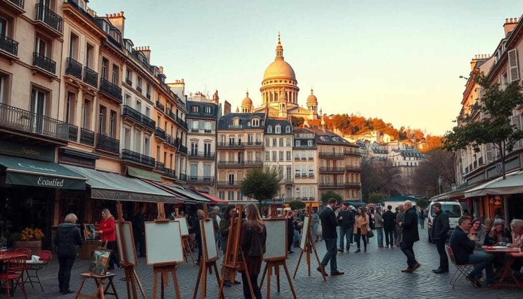A bustling Montmartre square, bathed in warm evening light, with a lively gathering of local artists. In the foreground, easels and brushes are scattered, capturing the vibrant scene. Elegant Parisian townhouses line the middle ground, their ornate facades and wrought-iron balconies adding to the charming atmosphere. In the background, the iconic Sacré-Cœur Basilica stands tall, overlooking the quaint, winding streets. Café tables spill out onto the cobblestones, where bohemian-clad patrons sip wine and converse. A sense of creative energy and joie de vivre permeates the arrondissement, inviting the viewer to step into this timeless Parisian tableau.