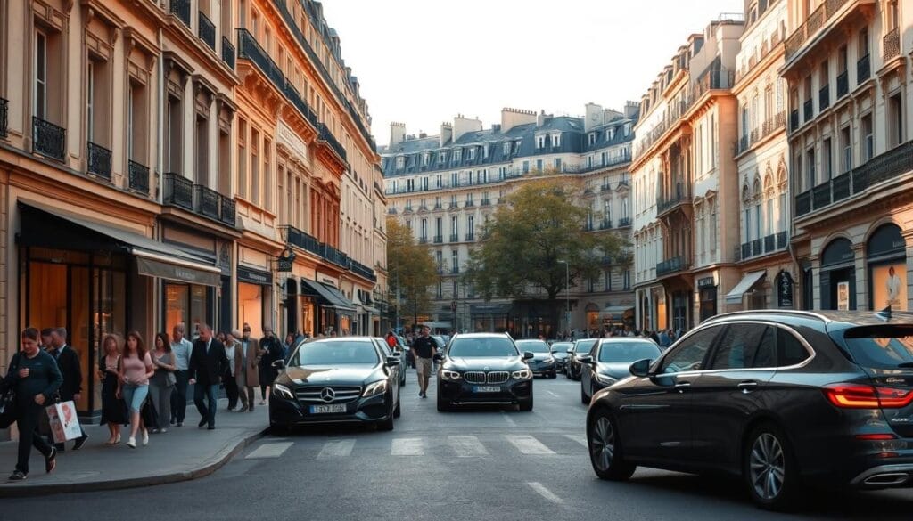 A bustling Parisian street in the heart of the Golden Triangle, the city's renowned fashion and luxury district. Elegant townhouses and grand Haussmannian buildings line the sidewalks, their facades adorned with intricate architectural details bathed in warm, golden light. Pedestrians stroll leisurely, window-shopping the prestigious boutiques and haute couture ateliers that dot the scene. Sleek, high-end vehicles cruise by, conveying a sense of exclusivity and sophistication. The air is filled with the aroma of freshly baked croissants and the sounds of lively conversation, embodying the essence of Parisian joie de vivre. A quintessential snapshot of fashion, glamour, and the je ne sais quoi that defines this iconic Parisian neighborhood. A bustling Parisian street in the heart of the Golden Triangle, the city's renowned fashion and luxury district. Elegant townhouses and grand Haussmannian buildings line the sidewalks, their facades adorned with intricate architectural details bathed in warm, golden light. Pedestrians stroll leisurely, window-shopping the prestigious boutiques and haute couture ateliers that dot the scene. Sleek, high-end vehicles cruise by, conveying a sense of exclusivity and sophistication. The air is filled with the aroma of freshly baked croissants and the sounds of lively conversation, embodying the essence of Parisian joie de vivre. A quintessential snapshot of fashion, glamour, and the je ne sais quoi that defines this iconic Parisian neighborhood.