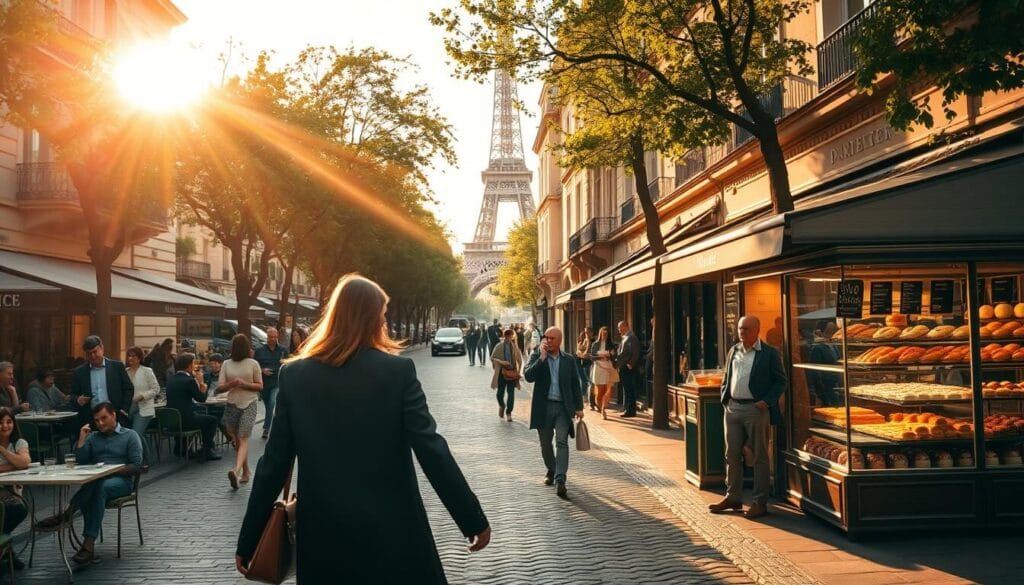 A bustling Parisian street scene, bathed in warm golden-hour light. In the foreground, a stylishly dressed couple strolls hand-in-hand, taking in the iconic Eiffel Tower in the distance. Sidewalk cafes line the tree-lined boulevards, their patrons sipping espresso and enjoying people-watching. In the middle ground, a quaint patisserie displays its tantalizing array of croissants and macarons. The background features the elegant architecture of historic Haussmann-era buildings, casting long shadows across the cobblestones. An atmosphere of joie de vivre and Parisian charm permeates the scene, capturing the essential experience of a first-time visit to the City of Light.