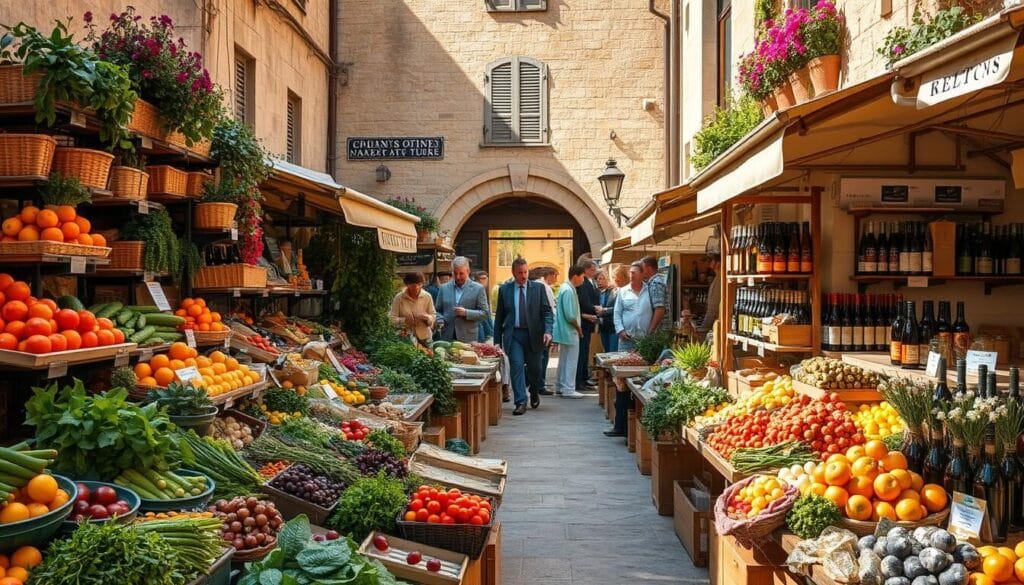A bustling Provençal market overflowing with local delicacies and artisanal wares. In the foreground, stalls brimming with fresh produce, fragrant herbs, and vibrant flowers. In the middle ground, artisan cheese makers, olive oil purveyors, and winemakers offering tastings. In the background, a historic stone building façade, its weathered walls framing the scene. Warm Mediterranean sunlight filters through, casting a golden glow and creating long, dramatic shadows. The atmosphere is one of rustic abundance, community, and a deep connection to the land. A tableau that captures the essence of Provence's authentic, time-honored traditions.