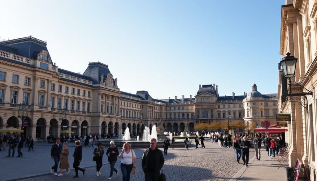 A bustling scene in the heart of Paris's historic 1st arrondissement. In the foreground, pedestrians stroll along the charming cobblestone streets, admiring the iconic Haussmannian architecture and quaint cafes. The middle ground features the resplendent Palais-Royal, its elegant colonnades and fountains bathed in soft, golden afternoon light. In the background, the soaring spires of the Louvre Museum rise majestically, framed by a crisp, azure sky. The overall atmosphere exudes a timeless elegance and joie de vivre, capturing the essence of this beloved Parisian district. A bustling scene in the heart of Paris's historic 1st arrondissement. In the foreground, pedestrians stroll along the charming cobblestone streets, admiring the iconic Haussmannian architecture and quaint cafes. The middle ground features the resplendent Palais-Royal, its elegant colonnades and fountains bathed in soft, golden afternoon light. In the background, the soaring spires of the Louvre Museum rise majestically, framed by a crisp, azure sky. The overall atmosphere exudes a timeless elegance and joie de vivre, capturing the essence of this beloved Parisian district.