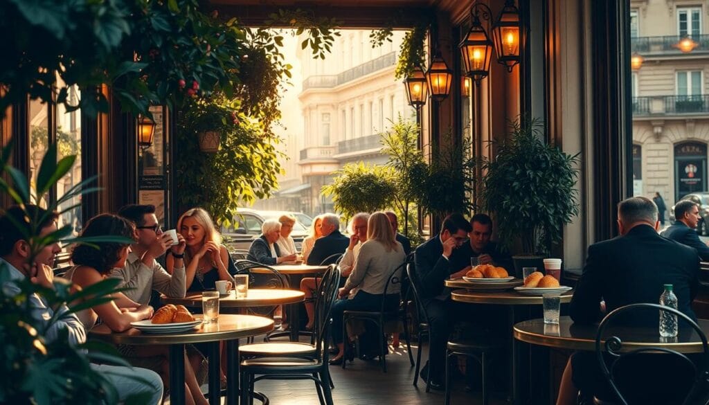 A cozy Parisian cafe with lush greenery and wrought-iron furniture, bathed in warm, golden light filtering through large windows. Patrons sipping espresso and savoring croissants, immersed in lively conversation against a backdrop of classic Haussmannian architecture. The scene exudes a timeless, sophisticated ambiance, capturing the essence of Paris' celebrated coffee culture. A discreet waiter glides by, carrying a tray of delectable pastries to be savored with the city's renowned blends. The overall impression is one of effortless elegance, where the simple pleasure of a perfect cup of coffee is elevated to an art form.