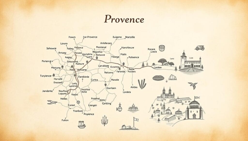 A detailed, hand-drawn map of the Provence region in southern France. The map is displayed on an aged, parchment-like paper background, adding a vintage, travel-journal aesthetic. In the foreground, the map showcases the key towns, villages, and landmarks of Provence, such as Aix-en-Provence, Avignon, Gordes, and Marseille, with delicate line work and subtle watercolor accents. The middle ground features stylized illustrations of regional elements like lavender fields, vineyards, and medieval architecture, providing context and visual interest. The background features a subtle gradient, creating depth and a sense of place. The overall composition evokes the charm and allure of exploring the hidden gems of Provence.