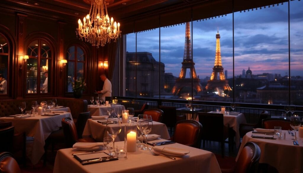 A elegant, dimly lit Michelin-star restaurant in the heart of Paris, with a warm, inviting atmosphere. The interior features rich, ornate decor with plush seating, chandeliers casting a soft glow, and large windows offering a glimpse of the lively Parisian street outside. In the foreground, a white-clothed table is set with fine china, crystal glassware, and a flickering candle. The middle ground showcases the skilled chefs working diligently in an open kitchen, preparing exquisite, artfully plated dishes. The background depicts the iconic Eiffel Tower in the distance, silhouetted against a dusky Parisian skyline.