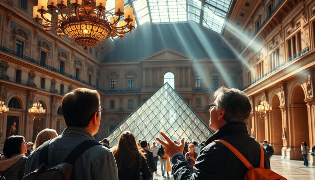 A guided tour of the iconic Louvre Museum, showcasing its grand architectural splendor. A small group of visitors explores the vast galleries, marveling at the masterpieces on display. Ornate chandeliers illuminate the opulent interiors, casting a warm glow across the iconic pyramid structure visible through the windows. The tour guide gestures animatedly, bringing the museum's rich history to life. Sunlight filters in, casting dramatic shadows and highlighting the intricate details of the Neoclassical design. An atmosphere of reverence and wonder pervades, as the tour participants immerse themselves in the cultural treasures of this Parisian landmark.