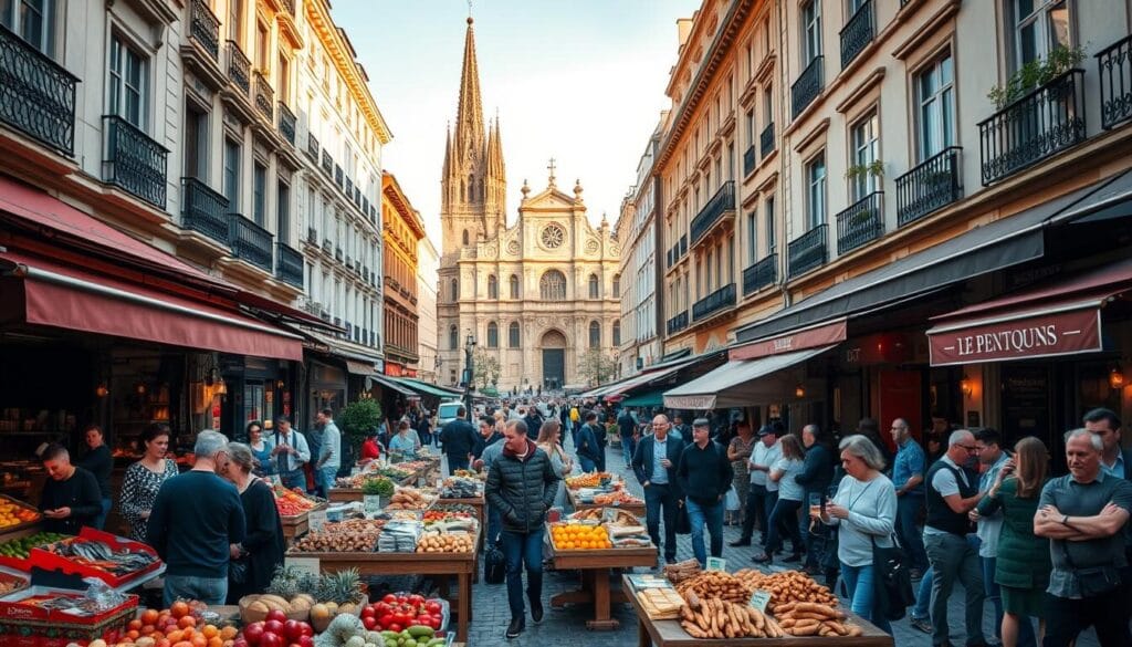 A lively outdoor scene in the heart of Bordeaux's historic city center. In the foreground, a bustling open-air market overflows with vibrant produce, fresh seafood, and artisanal breads and cheeses. Clusters of locals and visitors browse the stalls, animated in conversation. In the middle ground, the iconic 11th-century St. Andrew's Cathedral looms, its ornate gothic spires casting long shadows. Sidewalk cafes and brasseries spill out onto the cobblestoned streets, their patrons savoring glasses of rich Bordeaux wine and plates of decadent regional delicacies. The scene is bathed in warm, golden afternoon light, capturing the city's irresistible joie de vivre. A lively outdoor scene in the heart of Bordeaux's historic city center. In the foreground, a bustling open-air market overflows with vibrant produce, fresh seafood, and artisanal breads and cheeses. Clusters of locals and visitors browse the stalls, animated in conversation. In the middle ground, the iconic 11th-century St. Andrew's Cathedral looms, its ornate gothic spires casting long shadows. Sidewalk cafes and brasseries spill out onto the cobblestoned streets, their patrons savoring glasses of rich Bordeaux wine and plates of decadent regional delicacies. The scene is bathed in warm, golden afternoon light, capturing the city's irresistible joie de vivre.