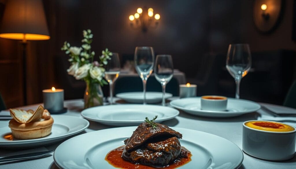 A lush, contemporary French culinary spread captured in a sophisticated, dimly-lit setting. In the foreground, expertly plated modern interpretations of classic French dishes - a delicate seafood vol-au-vent, a rich beef bourguignon with a silky sauce, and a decadent crème brûlée with a caramelized top. The middle ground features a stylish table setting with minimalist white dinnerware, elegant stemware, and simple floral accents. The background is shrouded in moody, warm lighting, creating an intimate, refined ambiance reminiscent of a Parisian brasserie. The overall scene exudes a sense of elevated, innovative French gastronomy.