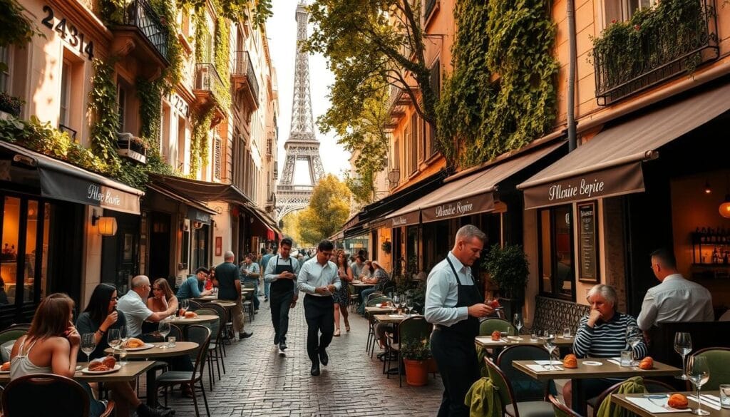 A quaint Parisian neighborhood, cobblestone streets lined with charming cafés and bistros. Warm, golden sunlight filters through the ivy-covered façades, casting a cozy glow over outdoor terraces where locals and visitors dine al fresco. The aroma of freshly baked croissants and simmering coq au vin wafts through the air, mingling with the lively chatter and clinking of wine glasses. In the middle ground, waiters in crisp white shirts and black aprons navigate between closely spaced tables, delivering plates of delectable French cuisine. In the background, the iconic silhouette of the Eiffel Tower rises majestically, a timeless symbol of the city's enduring romance and culinary tradition.