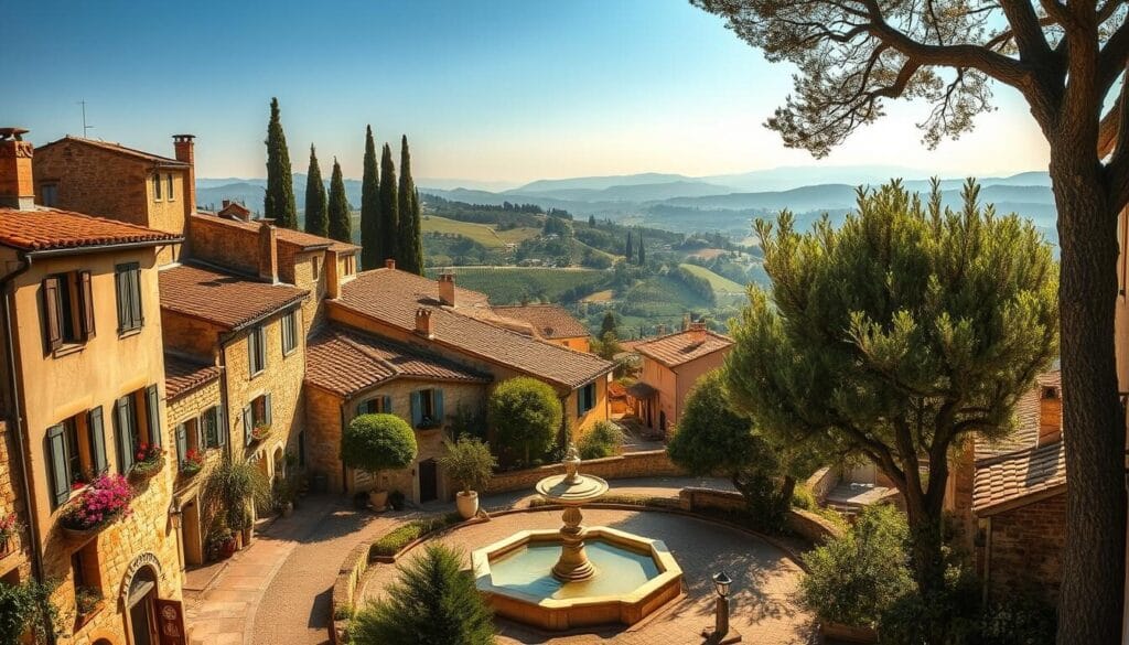 A quaint, sun-drenched hilltop village nestled amidst the rolling hills and verdant vineyards of the Provence countryside. Charming stone houses with terracotta roofs line narrow, winding streets, their facades adorned with colorful window boxes and blooming flowers. In the tranquil village square, a historic fountain gurgles softly, surrounded by ancient plane trees casting dappled shadows. Towering cypress trees and olive groves dot the hilly horizon, hazy under a warm, golden light. A serene, timeless scene that captures the essence of rural Provence and its captivating, picturesque landscapes.