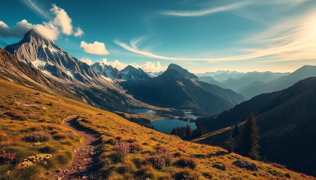 A scenic mountain landscape in the French Alps, bathed in warm golden sunlight filtering through wispy clouds. In the foreground, a well-trodden hiking trail winds through lush alpine meadows dotted with wildflowers. Towering, snow-capped peaks rise majestically in the distance, their jagged silhouettes reflected in crystal-clear mountain lakes. Rugged, pine-covered slopes lead the eye towards the horizon, where a faint haze obscures the far-off summits. The overall scene conveys a sense of tranquility, adventure, and the raw power of nature, perfectly capturing the allure of hiking in the French Alps in the year 2025. A scenic mountain landscape in the French Alps, bathed in warm golden sunlight filtering through wispy clouds. In the foreground, a well-trodden hiking trail winds through lush alpine meadows dotted with wildflowers. Towering, snow-capped peaks rise majestically in the distance, their jagged silhouettes reflected in crystal-clear mountain lakes. Rugged, pine-covered slopes lead the eye towards the horizon, where a faint haze obscures the far-off summits. The overall scene conveys a sense of tranquility, adventure, and the raw power of nature, perfectly capturing the allure of hiking in the French Alps in the year 2025.