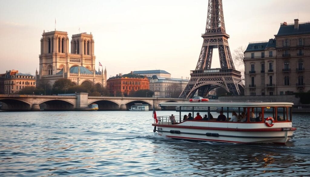 A serene Seine River cruise through the heart of Paris, capturing the city's iconic landmarks in a dreamy, romantic light. In the foreground, a classic Parisian riverboat glides across the tranquil waters, its passengers marveling at the sights. The middle ground features the majestic Notre-Dame Cathedral, its gothic spires illuminated by warm, golden hour sunlight. In the background, the Eiffel Tower stands tall, its wrought-iron lattice silhouetted against a soft, pastel sky. The scene is imbued with a sense of timeless elegance, inviting viewers to imagine themselves on a leisurely, enchanting journey through the City of Light.