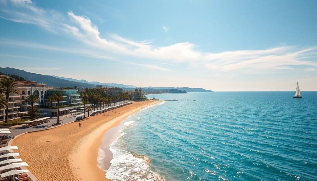 A sun-dappled vista along the French Riviera in the year 2025. Pristine, golden-sand beaches framed by the sparkling azure waters of the Mediterranean. Sleek, modern beachfront resorts and cafes line the promenade, their elegant architecture blending seamlessly with the natural landscape. In the distance, the iconic silhouettes of palm trees sway gently in the coastal breeze. Sunlight filters through wispy clouds, casting a warm, inviting glow over the scene. A lone sailboat glides across the horizon, its crisp white sails billowing. The overall mood is one of luxurious, cosmopolitan tranquility - a picturesque representation of the Côte d'Azur's enduring allure. A sun-dappled vista along the French Riviera in the year 2025. Pristine, golden-sand beaches framed by the sparkling azure waters of the Mediterranean. Sleek, modern beachfront resorts and cafes line the promenade, their elegant architecture blending seamlessly with the natural landscape. In the distance, the iconic silhouettes of palm trees sway gently in the coastal breeze. Sunlight filters through wispy clouds, casting a warm, inviting glow over the scene. A lone sailboat glides across the horizon, its crisp white sails billowing. The overall mood is one of luxurious, cosmopolitan tranquility - a picturesque representation of the Côte d'Azur's enduring allure.
