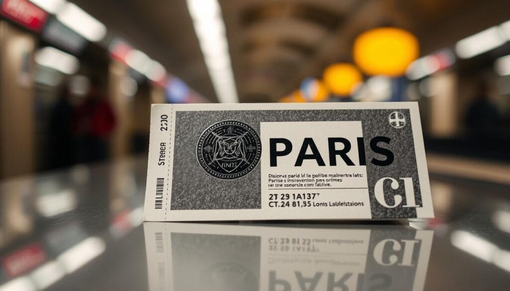Detailed Paris metro tickets, close-up view capturing their tactile textures and intricate designs. Sleek, modern layout with bold typography and minimalist color palette. Tickets positioned on a reflective surface, creating depth and a sense of sophistication. Soft, directional lighting from the side, highlighting the sheen of the tickets and casting subtle shadows. Composition emphasizes the tickets as the central focus, with a blurred, out-of-focus background hinting at the bustling metro station environment. An image that conveys the efficiency and elegance of navigating the Parisian public transit system.