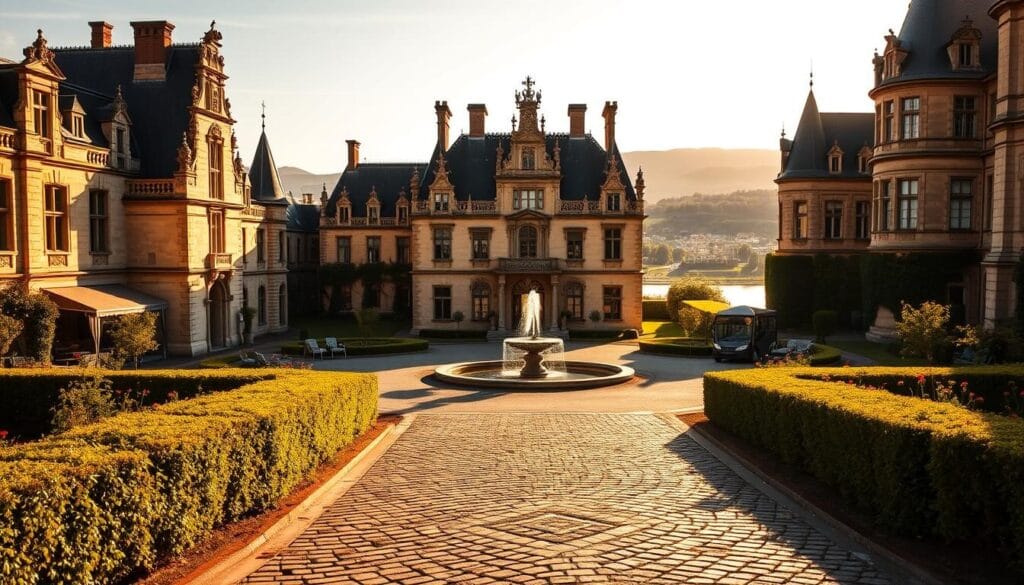 a grand Renaissance-style chateau with ornate stone facades, pointed turrets, and expansive gardens overlooking a tranquil river in the Loire Valley, France. Warm, golden natural lighting bathes the scene, casting long shadows and highlighting the intricate architectural details. In the foreground, a cobblestone path leads to the ornate main entrance, framed by manicured hedges and blooming flower beds. The middle ground features a glistening fountain and shaded sitting areas, while in the background, rolling hills and a cloudless sky create a sense of timeless, regal elegance. a grand Renaissance-style chateau with ornate stone facades, pointed turrets, and expansive gardens overlooking a tranquil river in the Loire Valley, France. Warm, golden natural lighting bathes the scene, casting long shadows and highlighting the intricate architectural details. In the foreground, a cobblestone path leads to the ornate main entrance, framed by manicured hedges and blooming flower beds. The middle ground features a glistening fountain and shaded sitting areas, while in the background, rolling hills and a cloudless sky create a sense of timeless, regal elegance.