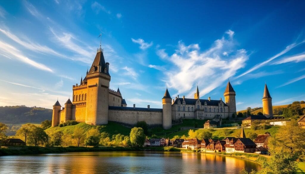 a grand and majestic medieval castle nestled in the lush, rolling hills of the Loire Valley, France, bathed in warm, golden afternoon sunlight filtering through wispy clouds. The castle's towers and turrets rise majestically against a backdrop of deep blue skies, their ancient stone walls and ornate architectural details meticulously captured. In the foreground, a tranquil moat reflects the castle's imposing silhouette, while the middle ground features a quaint village with charming half-timbered houses and cobblestone streets. The scene conveys a sense of timeless elegance, historical significance, and natural beauty that far surpasses any Disney theme park attraction. a grand and majestic medieval castle nestled in the lush, rolling hills of the Loire Valley, France, bathed in warm, golden afternoon sunlight filtering through wispy clouds. The castle's towers and turrets rise majestically against a backdrop of deep blue skies, their ancient stone walls and ornate architectural details meticulously captured. In the foreground, a tranquil moat reflects the castle's imposing silhouette, while the middle ground features a quaint village with charming half-timbered houses and cobblestone streets. The scene conveys a sense of timeless elegance, historical significance, and natural beauty that far surpasses any Disney theme park attraction.