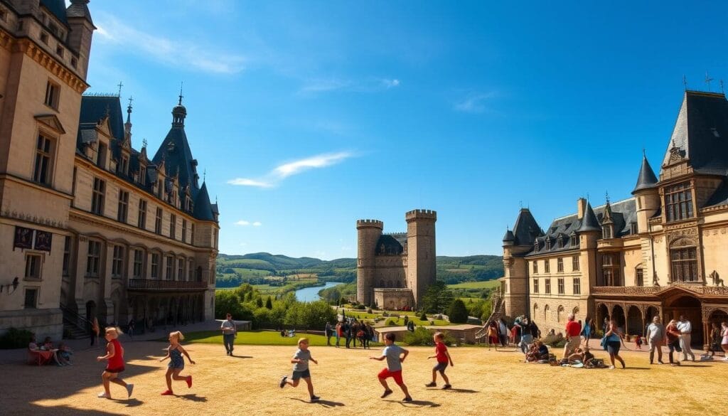 a grand medieval family castle in the Loire Valley, France, on a sunny day, with people engaged in various activities on the castle grounds and in the interior. In the foreground, children are playing in the courtyard, running and chasing each other, while parents watch and picnic nearby. In the middle ground, a tour group explores the grand halls and chambers, gazing in awe at the ornate tapestries, stained glass, and suits of armor. In the background, the castle's towers and battlements rise impressively against a blue sky, with lush green hills and a winding river in the distance. The scene is illuminated by warm, natural lighting, creating a sense of vibrant, family-friendly atmosphere. a grand medieval family castle in the Loire Valley, France, on a sunny day, with people engaged in various activities on the castle grounds and in the interior. In the foreground, children are playing in the courtyard, running and chasing each other, while parents watch and picnic nearby. In the middle ground, a tour group explores the grand halls and chambers, gazing in awe at the ornate tapestries, stained glass, and suits of armor. In the background, the castle's towers and battlements rise impressively against a blue sky, with lush green hills and a winding river in the distance. The scene is illuminated by warm, natural lighting, creating a sense of vibrant, family-friendly atmosphere.
