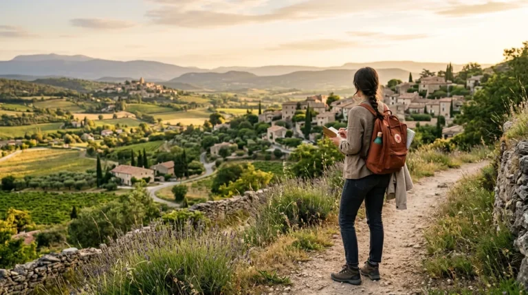 Budget traveler exploring a French market with baguettes and local produce