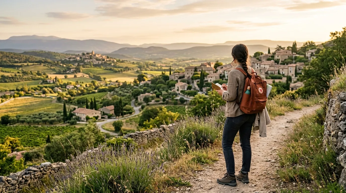 Budget traveler exploring a French market with baguettes and local produce