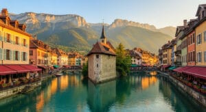 Annecy old town canal with turquoise water and French Alps mountains