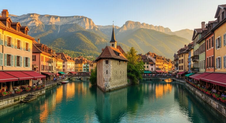 Annecy old town canal with turquoise water and French Alps mountains