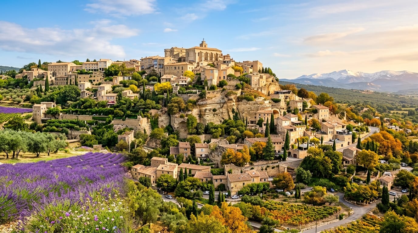 A scenic view of the French countryside with lavender fields and rolling hills, representing seasonal beauty