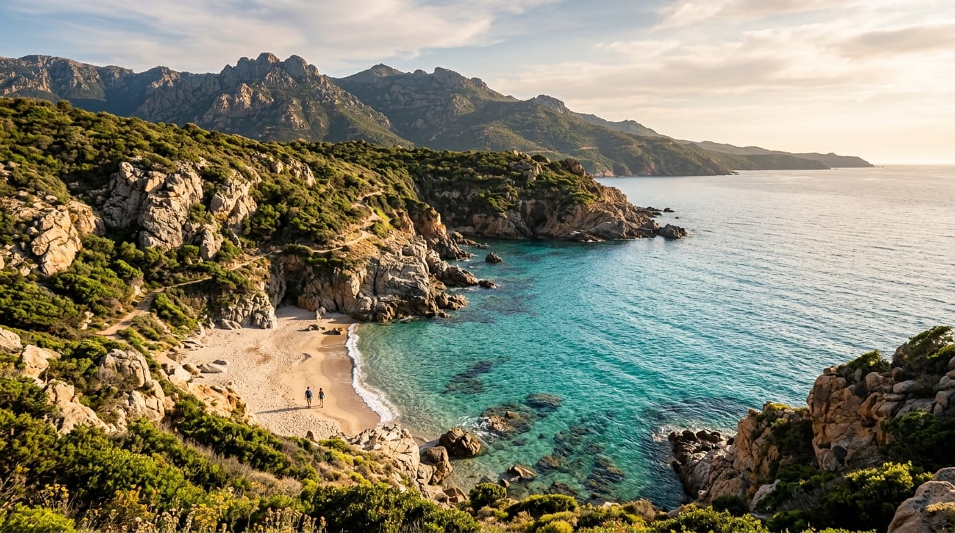 Aerial view of a secluded white sand beach in Corsica with turquoise water