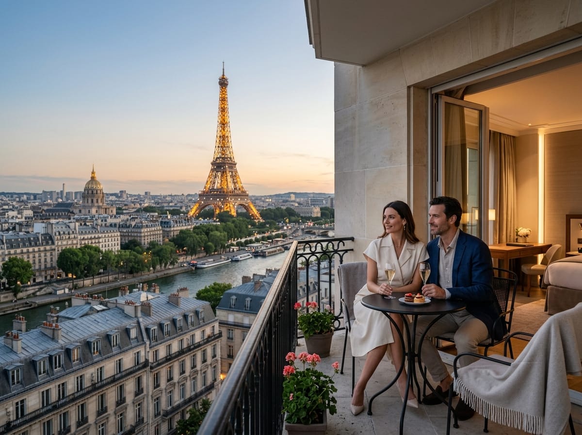 A detailed illustrated map of Paris arrondissements, highlighting key tourist neighborhoods like Le Marais, Saint-Germain, and Montmartre with icons for hotels and attractions.