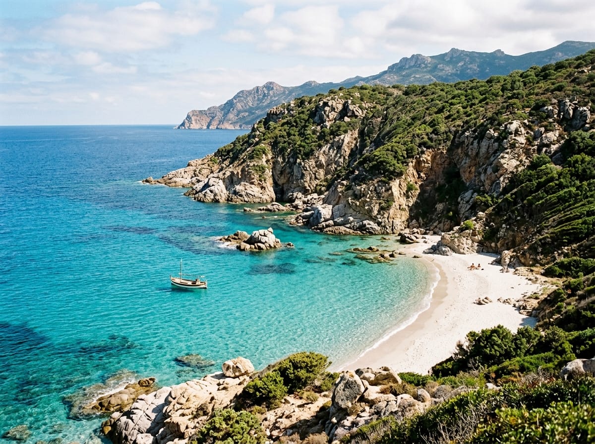 People relaxing on a hidden beach in Corsica with clear blue water and lush green hills