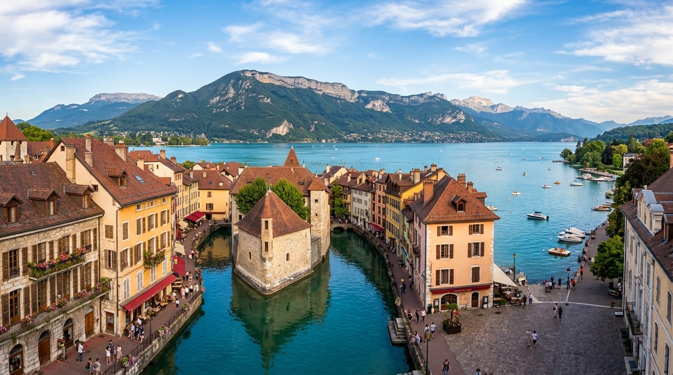 Aerial view of Annecy old town canals and lake with Alpine mountains in the background, Annecy travel guide 2026