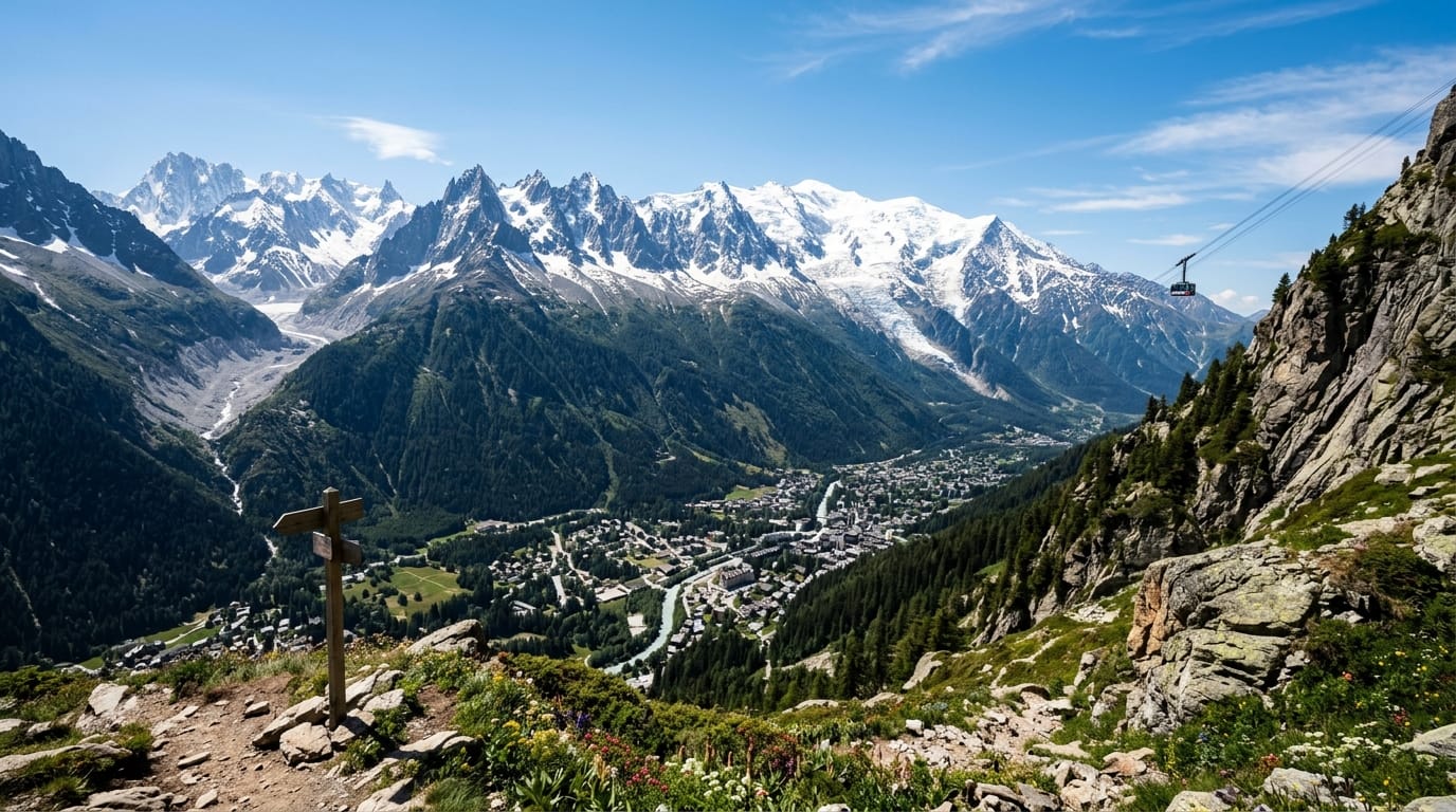 Panoramic view of Chamonix town with Mont Blanc massif in the background