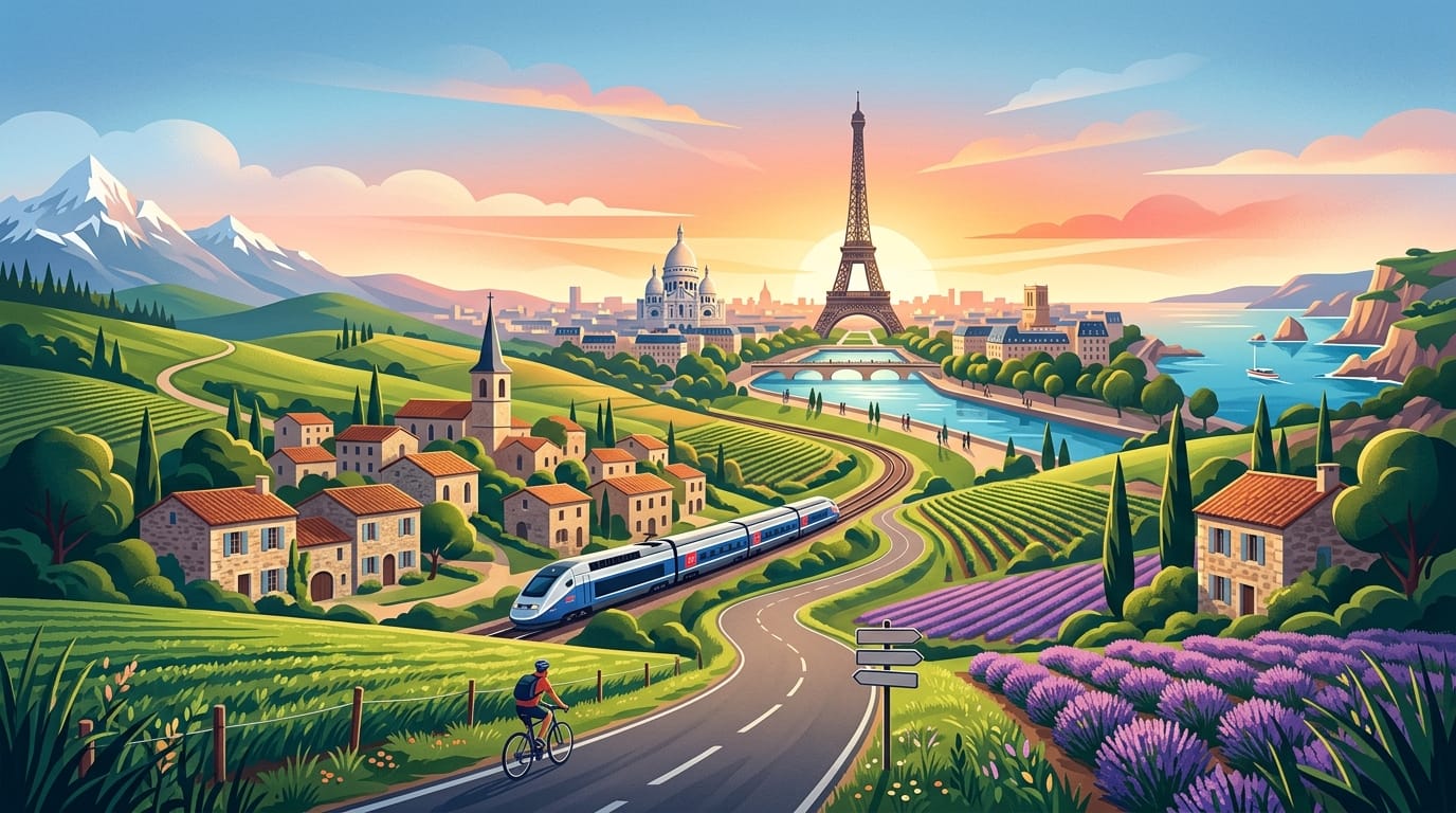 Aerial view of a classic French landscape with a chateau, vineyards, and a river, illustrating the diversity of a 10-day France itinerary.