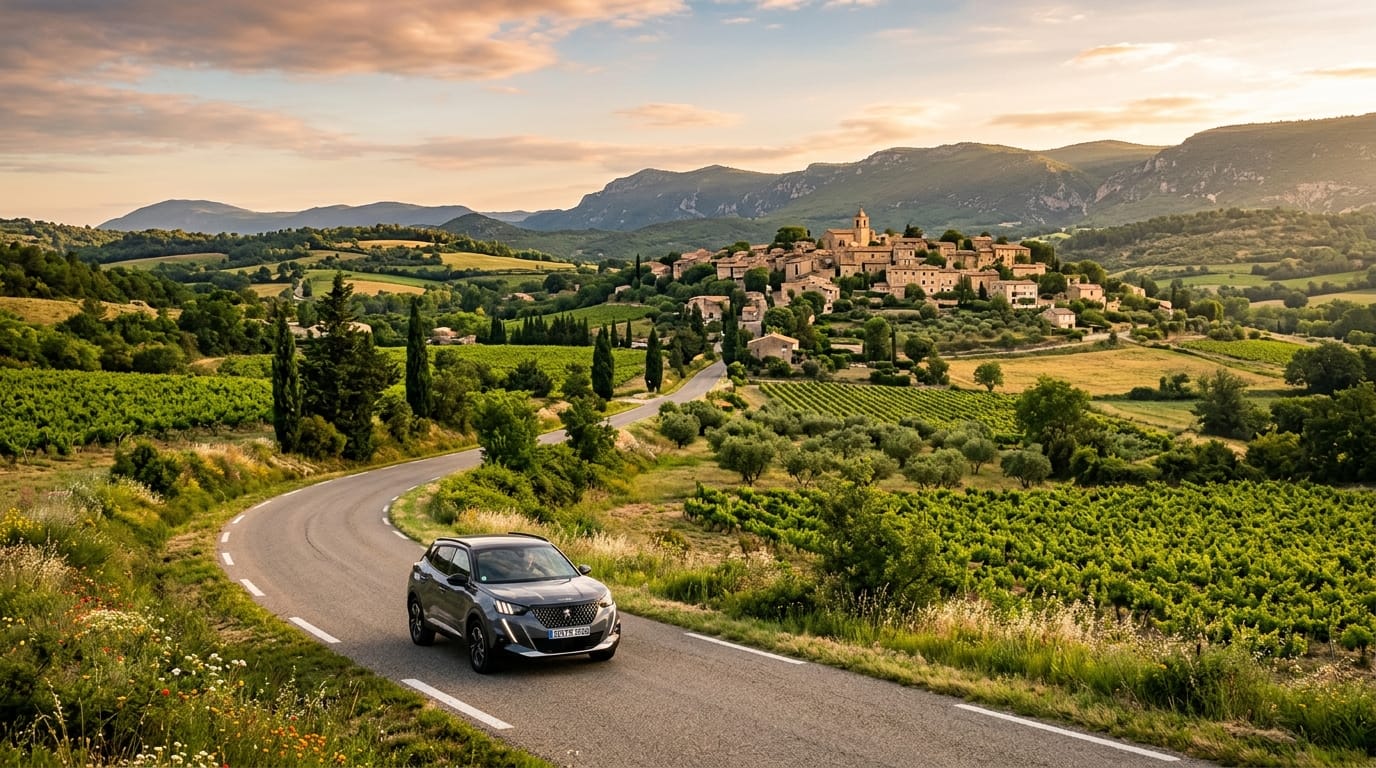 France Road Trip Itinerary: 7 Days, Perfect Loop (2026) — hero image showing a car driving through lavender fields