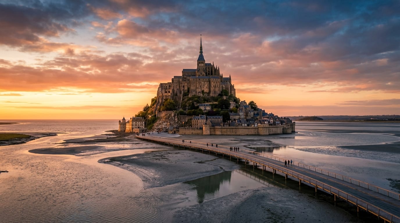 Aerial view of Mont Saint-Michel during a high tide in 2026, surrounded by sea with the modern pedestrian bridge visible.