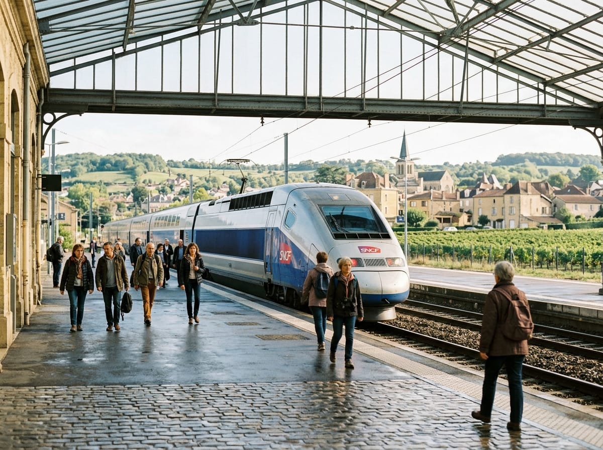 A sleek TGV train speeds through the French countryside, with green fields and a distant village visible from the window.