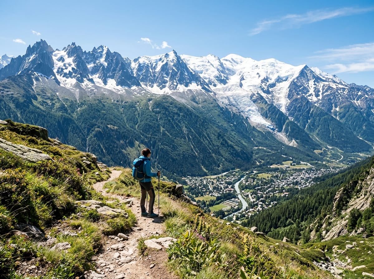 Hiker on a trail overlooking the Chamonix valley with panoramic mountain views