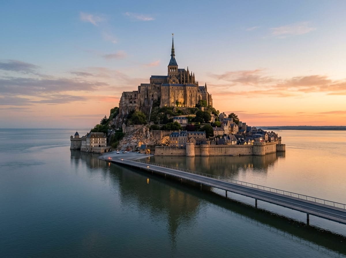 The Gothic cloister of Mont Saint-Michel Abbey in 2026, showcasing intricate columns and serene atmosphere.