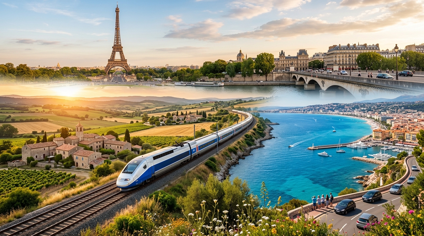 France 3 Week Itinerary: Paris to the Riviera showing Eiffel Tower and Mediterranean coast