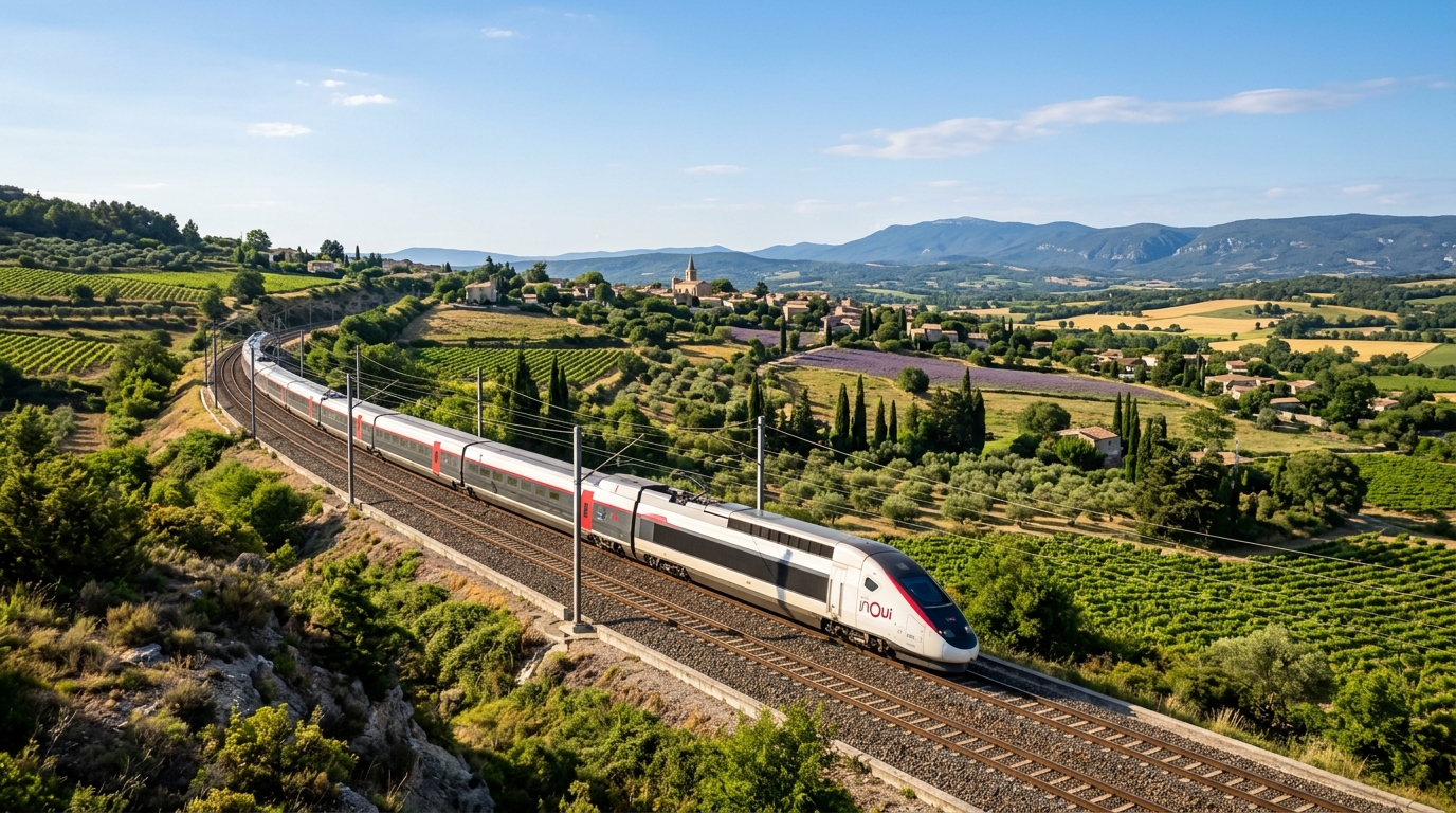 A high-speed TGV train speeds through the French countryside near lavender fields